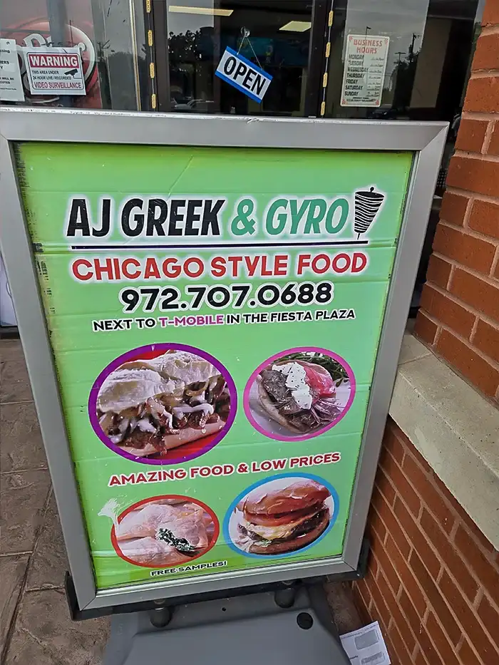 Greek and chicago-style food at aj greek and gyro restaurant in dallas tx serving ledbetter dr, oak cliff, cockrell hill, cedar crest, south oak cliff, kiestwood, north wynnewood, and south wynnewood